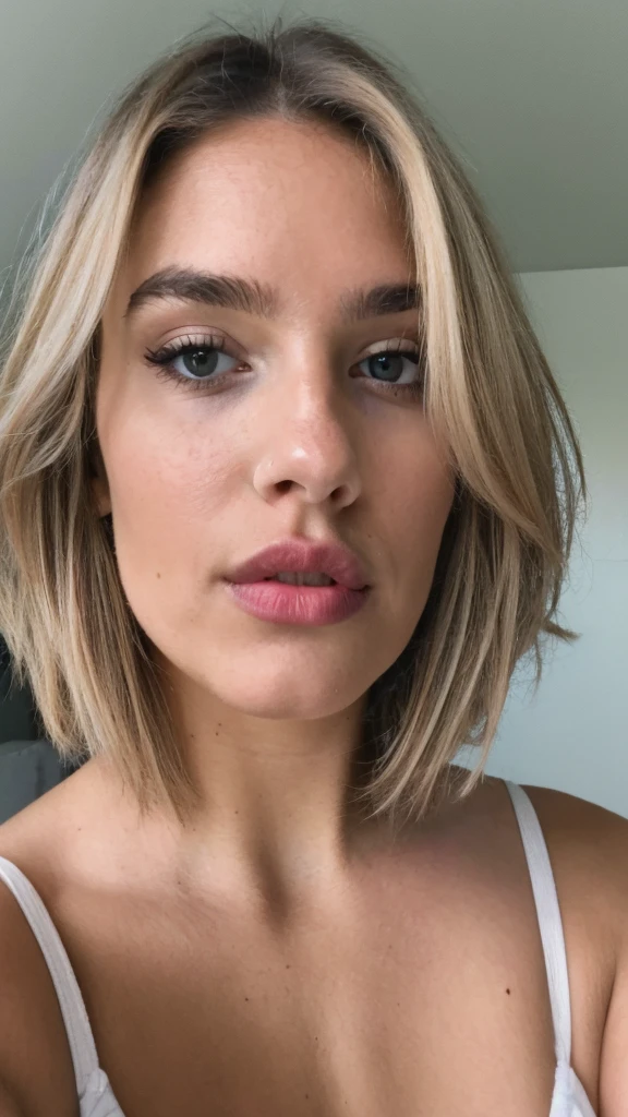 Photorealistic, Realistic, a beautiful 23-year-old woman, girl next door, (iPhone mirror selfie), makeup, lips, blonde messy hair, short hair, film grain, sharp focus on subject