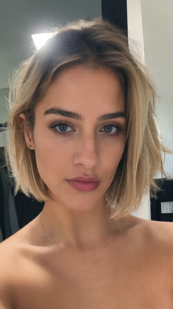 Photorealistic, Realistic, a beautiful 23-year-old woman, girl next door, (iPhone mirror selfie), makeup, lips, blonde messy hair, short hair, film grain, sharp focus on subject