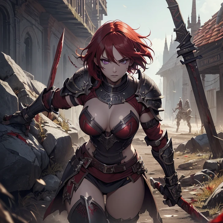 (absurdres, high fantasy artwork, best high quality image, carefuly detailed, very detailed features and textures, warcraft aesthetic)
{{1character: 25 years old red haired barbarian girl, (scarlet red short hair, purple eyes with black pupils, face with blood, very thin lips with blood, white skin with blood, wearing full armor dirt with blood, attack pose, very serious face, no sense of humor), (full bulky knight armor with blood, full bulky shoulder plates with blood, full armored bulky-breast-plate-armor-no revealing-skin dirt with blood, full gauntlets plates, full elbow plates, full plate boots), (her weapon: broad sword on her back), (celtic city battle scene in fire)}}
