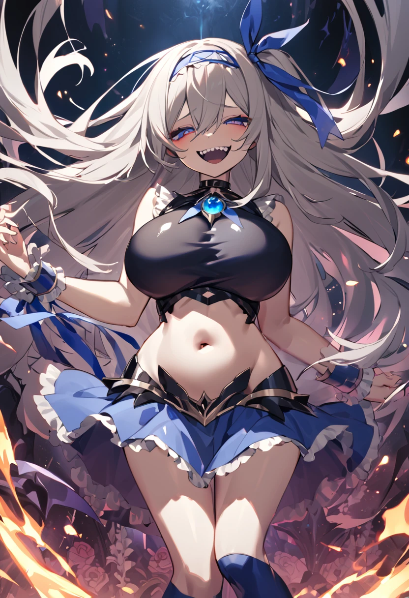 Wrist cuff, Blue Skirt, Black latex dress, Side Ponytail, Blue Boots, gem, hair band, Navy knee socks, Blue Ribbon, belly button, Floral Background, corruption, NTRGAO, Hollow Eyes, Half-closed eyes, Wicked Smile, No students, Crazy Smile, Open your mouth, One girl,  Dark Magical Girl,Huge mistake（Huge breasts：1.8)、