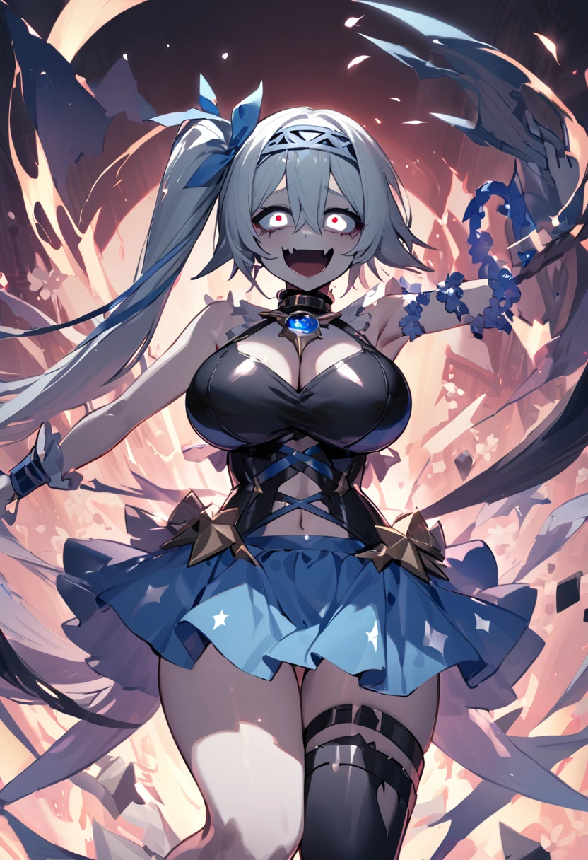 Wrist cuff, Blue Skirt, Black latex dress, Side Ponytail, Blue Boots, gem, hair band, Navy knee socks, Blue Ribbon, belly button, Floral Background, corruption, NTRGAO, Hollow Eyes, Half-closed eyes, Wicked Smile, No students, Crazy Smile, Open your mouth, One girl,  Dark Magical Girl,Huge mistake（Huge breasts：1.8)、