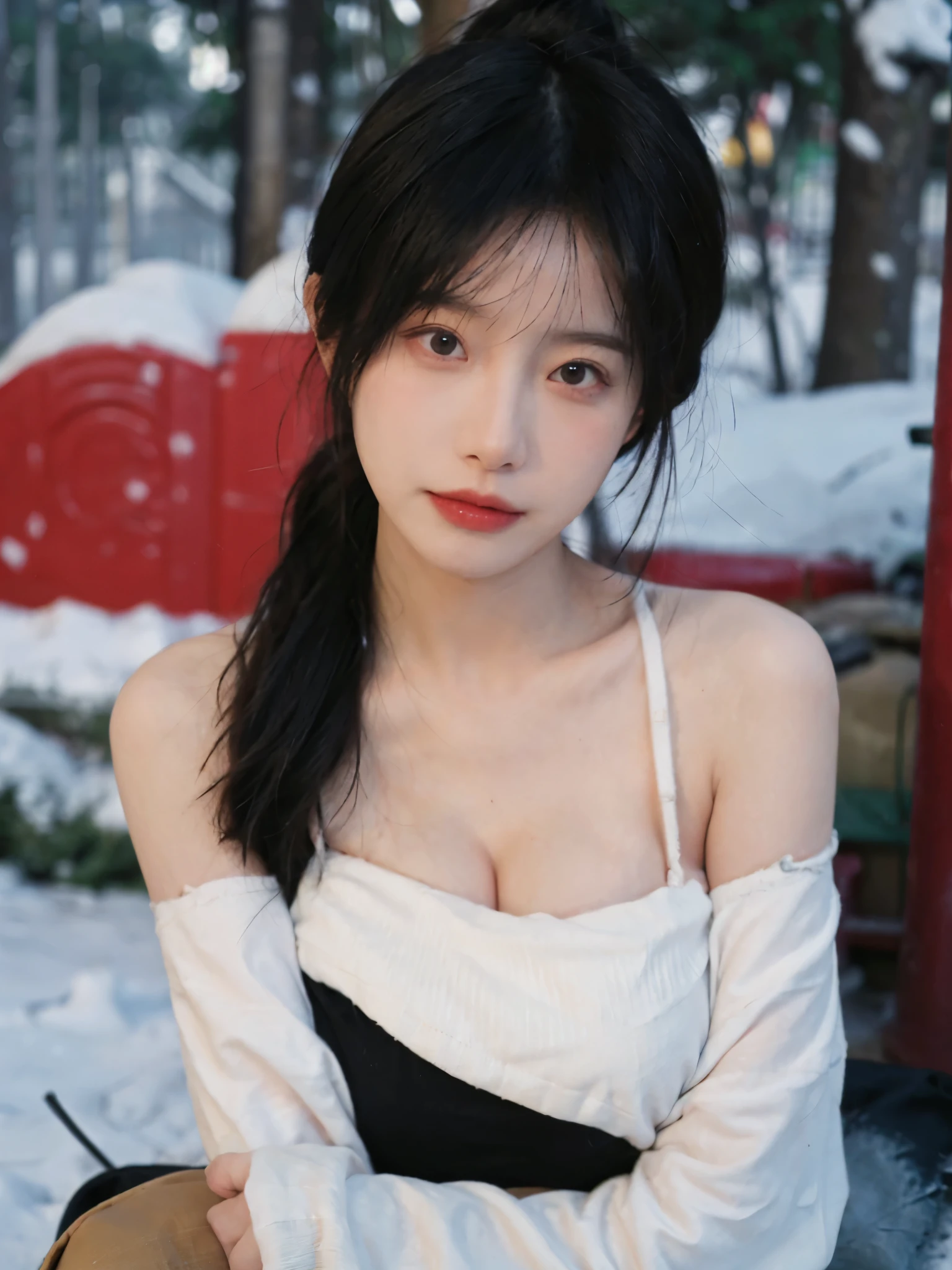 Portrait photography,1 girl,Snow Scene,Snowing background,Push-up non-slip tube top ,(whole body:1.4),Lipstick,(:1.6),Headband,serene,calm,(Realistic and detailed eyes,Natural skin texture,Realistic facial details),