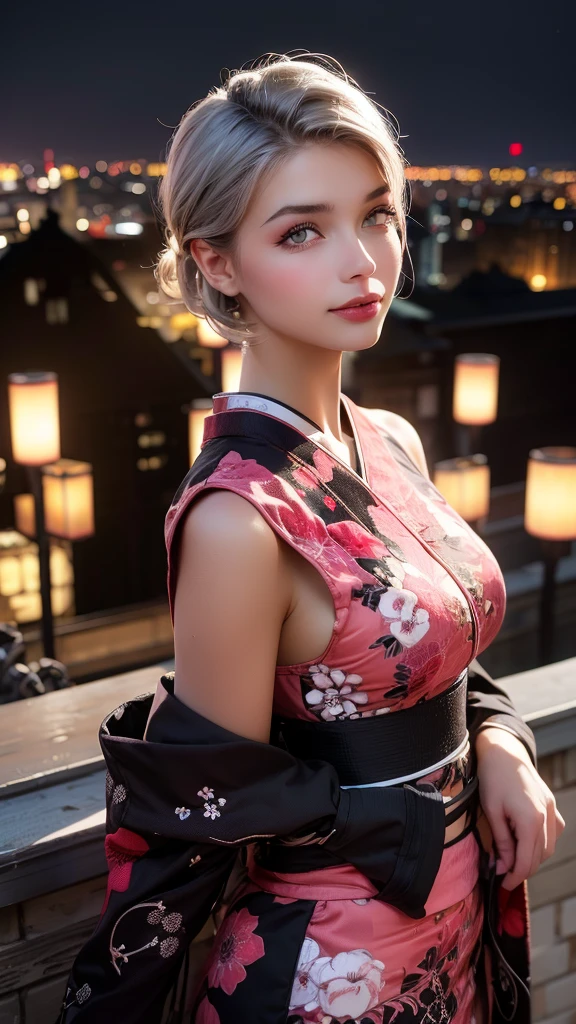 masterpiece,Japanese-style costume design like a game character,Overall red and black,On the roof, Beautiful woman, Black kimono, White floral pattern, hair ornaments, Japan hair, Silver Hair,high quality, Realistic, detailed, On the roof, Soft lighting, luxury, Grace, Natural posture, high qualityのメイクアップ, flashy、luxury、Nice、Silk texture, 20-year-old woman, Platinum-coloured hair, (High Top Fade:1.3), Shoulder-length hair,(Hair with pink gradation at the ends,) ((Pale red eyes,)) Dark Theme, Calm tone, Calm colors, High Contrast, (Natural skin texture, Hyperrealism, Soft Light, sharp)smile,