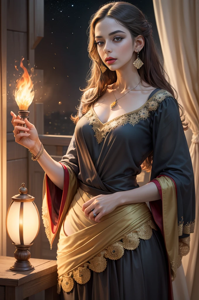 (MESTRA CIGANA SULAMITA) super-realista, Standing showing all her realistic 8K red/yellon lace dress floating in space , cabelos negros, pele, dourada, corpo full body perfect , Detailed Hands with Ruby Ring, 40 anos, Mystery front image ::8, (((saia longa de cigana rodada detalhes rendados de cor vermelha e amarela ))), Intricate yellon Makeup Patterns ::7, body ::6, Aura Encantada, magia brilhante ::5, On your card table, Bubbling Potion ::4, Magic ingredients, spellbooks ::3, gesto de spellcasting ::2, mistic ambient, supernatural presence ::1. Smoke and atmosphere: , poderes naturais, como frutos, folhas, cristais, She has long, dark curly hair with million rose red and yellon tucked into it. Her makeup emphasizes her eyes, and she's wearing large, dangling earrings and multiple necklaces with colorful beads and pendants. The woman's clothing includes vibrant fabrics with patterns. The overall aesthetic is very bohemian and romantic, evoking a free-spirited, nomadic culture. The lighting in the image is warm, giving it a rich, rendas golden glow that enhances the romantic atmosphere.16K.
