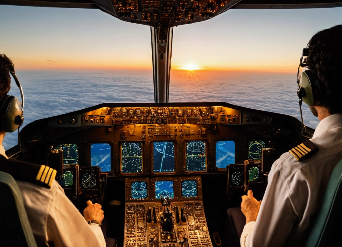A captivating view from the cockpit of a soaring Boeing 707, with two focused Iranian pilots gazing out the right window. The scene is shot from behind, offering a thrilling perspective of the plane's instrument panel and control systems. The plane is cruising high above the earth, with a backdrop of the sun setting over the horizon, casting a warm, golden glow on the interior.