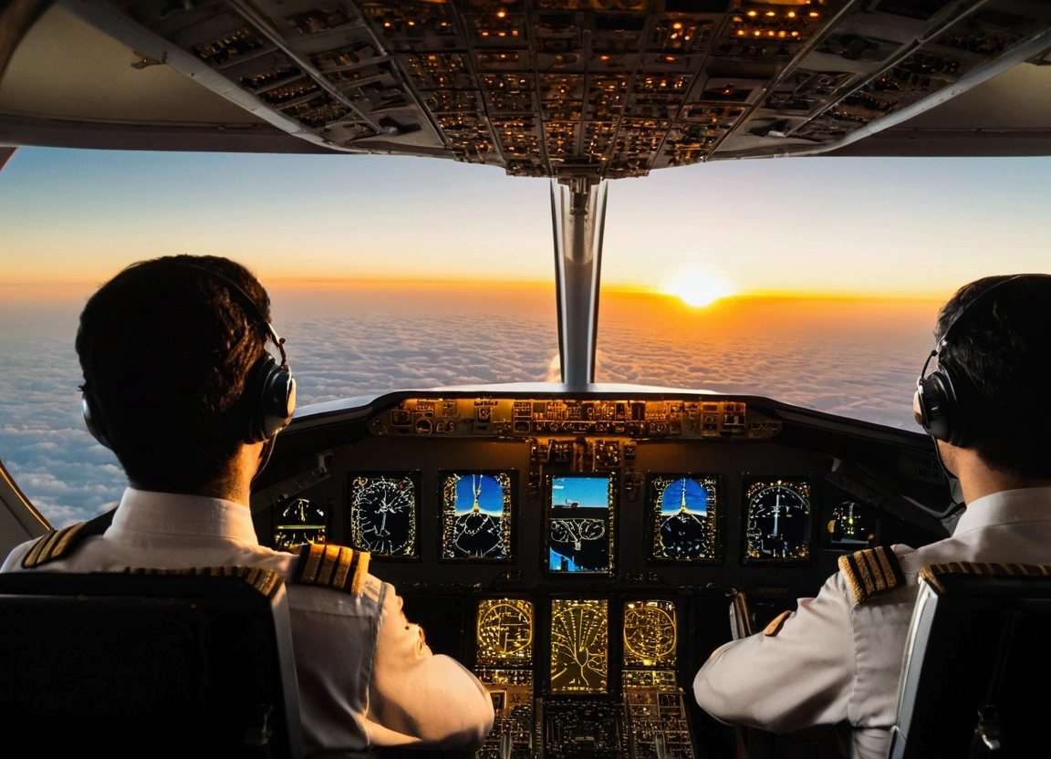 A captivating view from the cockpit of a soaring Boeing 707, with two focused Iranian pilots gazing out the right window. The scene is shot from behind, offering a thrilling perspective of the plane's instrument panel and control systems. The plane is cruising high above the earth, with a backdrop of the sun setting over the horizon, casting a warm, golden glow on the interior.