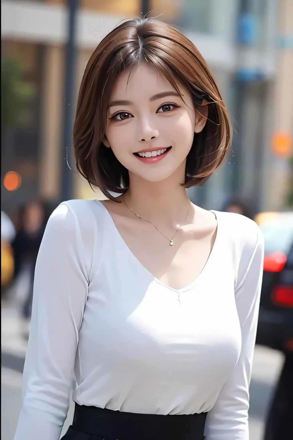 ((masterpiece)), ((Highest quality)), ((Complex)), ((Surreal)), (Realistic), (Mature Woman), ((No classes)), Very detailed, (1 female), Beautiful and exquisite, (Beautiful Teeth), Grin, Brunette Bob Hair, Brown eyes, ((blouse)), (Upper Body), (background:none), Perfect Eyes, Captivating eyes, Looking at the audience