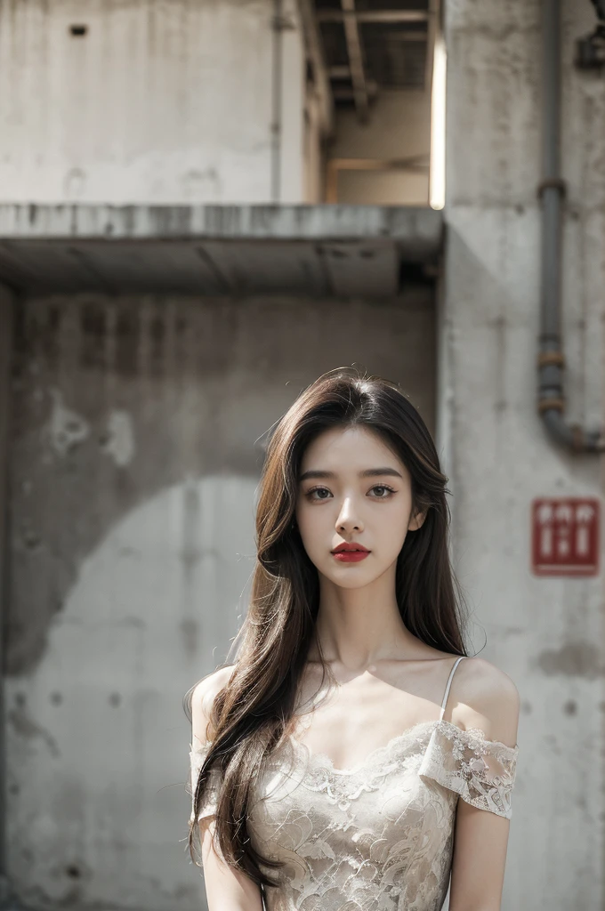 (((best quality))),(((ultra detailed))),(((masterpiece))),illustration,((1 beautiful girl,solo)),((slim,thin)),((small breasts,flat chest)),(shoulder length straight hair:1.2),summer afternoon,((unfinished concrete room,alluring,gray walls)),(short sleeves:1.2),(black lace dress:1.3),(seductive,elegant,full bosom,fair skin,golden strands,delicate features,deep brown eyes,mischief,mystery,enchanting smile,vibrant red lips,serene beauty,self-assuredness,industrial ambiance,raw cement walls,exposed pipes,sexuality,allure,refined beauty,compelling visual narrative,seductive gaze,elegant posture,industrial backdrop,lasting impression,((standing,from front,upper body))