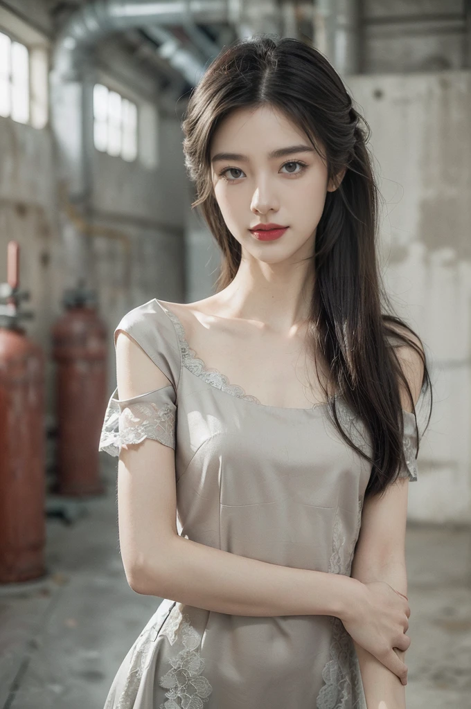 (((best quality))),(((ultra detailed))),(((masterpiece))),illustration,((1 beautiful girl,solo)),((slim,thin)),((small breasts,flat chest)),(shoulder length straight hair:1.2),summer afternoon,((unfinished concrete room,alluring,gray walls)),(short sleeves:1.2),(black lace dress:1.3),(seductive,elegant,full bosom,fair skin,golden strands,delicate features,deep brown eyes,mischief,mystery,enchanting smile,vibrant red lips,serene beauty,self-assuredness,industrial ambiance,raw cement walls,exposed pipes,sexuality,allure,refined beauty,compelling visual narrative,seductive gaze,elegant posture,industrial backdrop,lasting impression,((standing,from front,upper body))