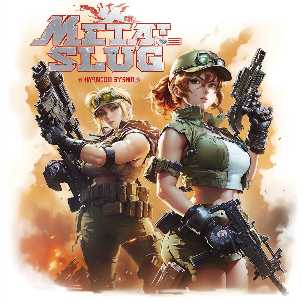 anime style picture of two female soldiers with guns and helmets, metal slug concept art, game poster, game promotional poster, front cover of a new video game, serious sam as smash characters, videogame poster, smug look, duke nukem art style, game cover, key art, fps game concept, fps game concept art, official poster artwork, game key art, Marcos, Fio, Metal Slug
