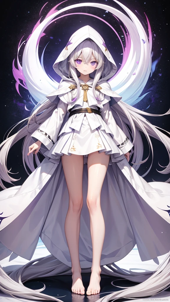 White long haired girl with twins,Purple Eyes,Small white skirt,hood,White robe,Thin legs,barefoot,Standing