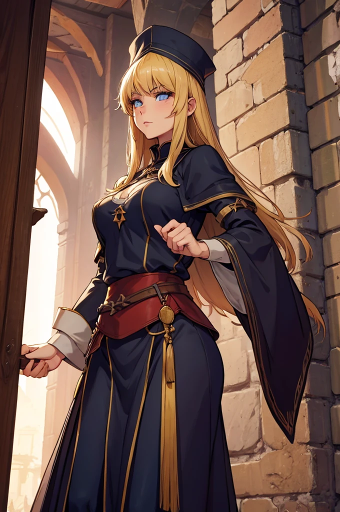 attractive female servant is bowing in a medieval castle, slim, fit, humble clothing