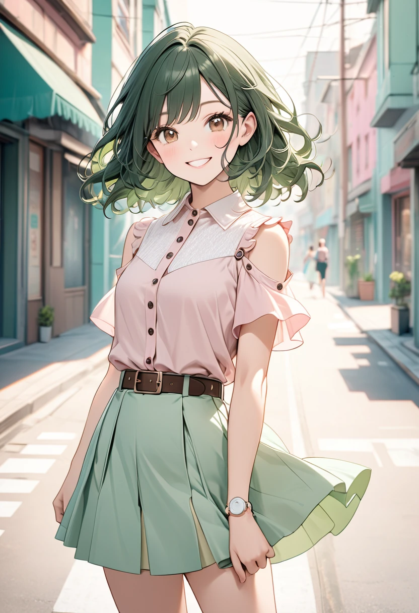 8k, Female model, dark green short wavy hair, Brown eyes, whole body, wears a delicate light pink blouse, detail on the shoulders, buttons on the front, wears a light green skirt, pastel tones, belt detail, white sneakers, big happy smile, Urban Background, smooth light
