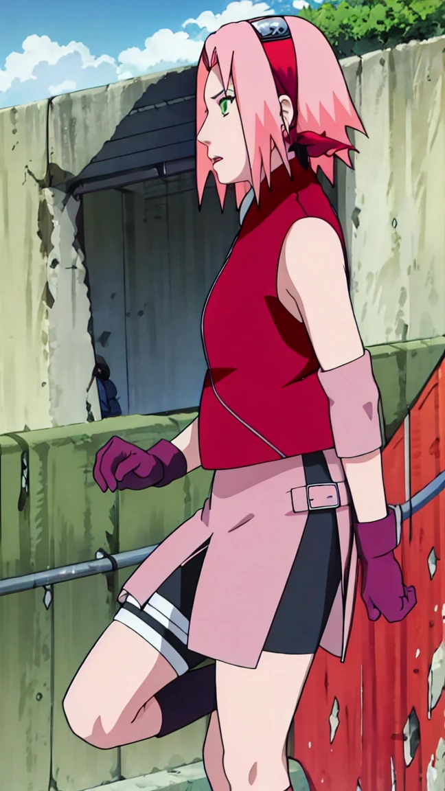 Sakura Haruno, Sakura Shippuden, open shirt,The buttons are unbuttoned., Split down the middle of the shirt, Sleeveless, Masterpiece, 1 woman, green eyes, condescending, elbow covers, black gloves, full body,Leg kick,Raise your legs high..,jump,angle