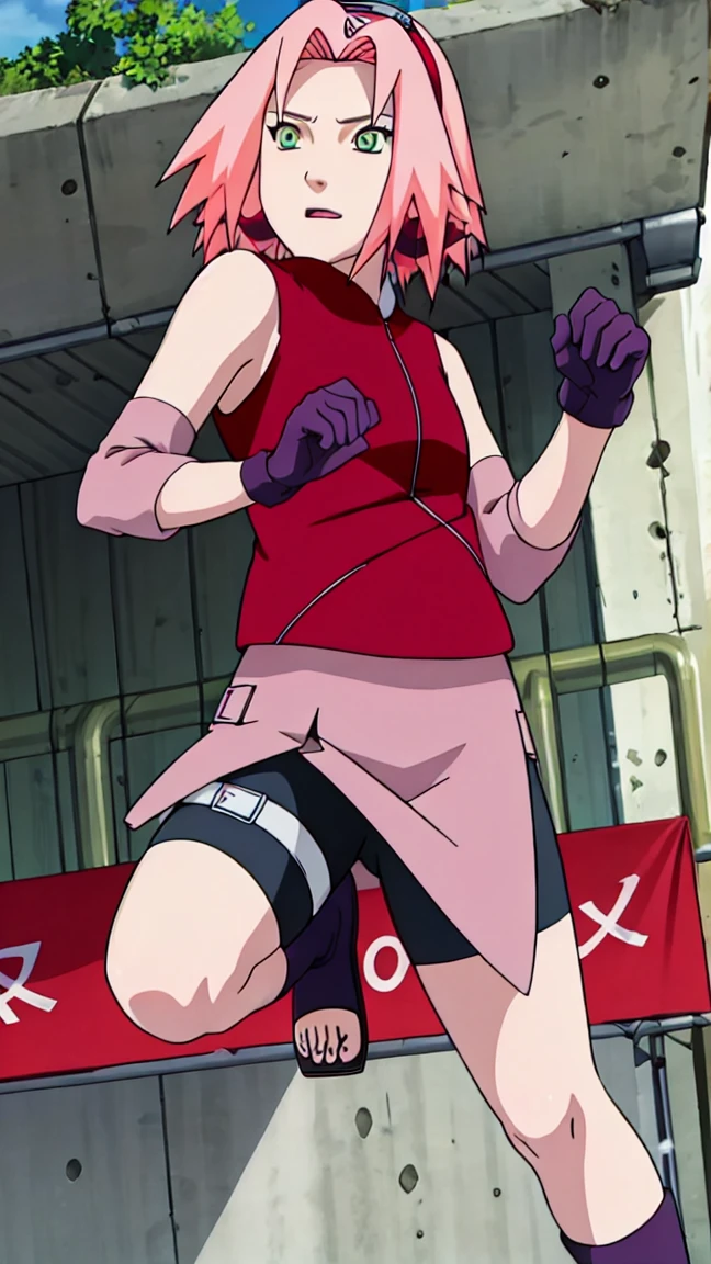 Sakura Haruno, Sakura Shippuden, open shirt,The buttons are unbuttoned., Split down the middle of the shirt, Sleeveless, Masterpiece, 1 woman, green eyes, condescending, elbow covers, black gloves, full body,Leg kick,Raise your legs high..,jump,angle