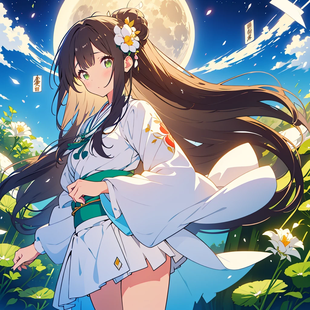 kawaii, anime, Cute, hyper quality, highly detailed, 8k, Clarity, dark brown long hair, green eyes, upward glance, Front facing, come close, A pure white full moon in the sky, moonlight, shining hair, Moist eyes, Draw facial expressions in detail, A Queen of the Night, Dutchmans pipe cactus, Hanafuda motif, flowers, birds, wind and moon, A flower with thin white petals that spread out in a radial pattern., moonlight, A flower with large white thin petals, The wind is blowing, White flower, The color of my sister's eyes is golden, intertwine, Shiromuku,
