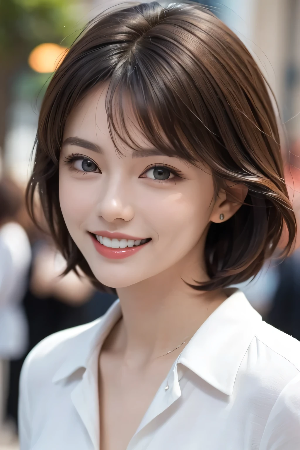 ((masterpiece)), ((Highest quality)), ((Complex)), ((Surreal)), (Realistic), (Mature Woman), ((No classes)), Very detailed, (1 female), Beautiful and exquisite, (Beautiful Teeth), Grin, Brunette Bob Hair, Brown eyes, ((blouse)), (Upper Body), (background:none), Perfect Eyes, Captivating eyes, Looking at the audience