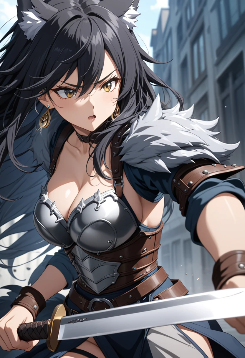 masterpiece, best quality, extremely detailed,anime, Wolf girl, black hair, long hair, black wolf ears, ((silver earrings on wolf ears)), leather armor, holding a knife, fast movement,