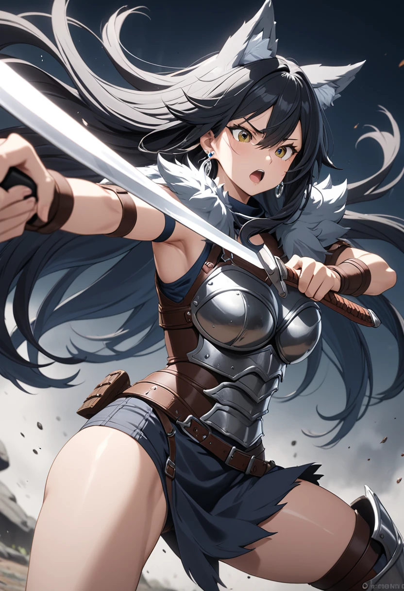 masterpiece, best quality, extremely detailed,anime, Wolf girl, black hair, long hair, black wolf ears, ((silver earrings on wolf ears)), leather armor, holding a knife, fast movement,