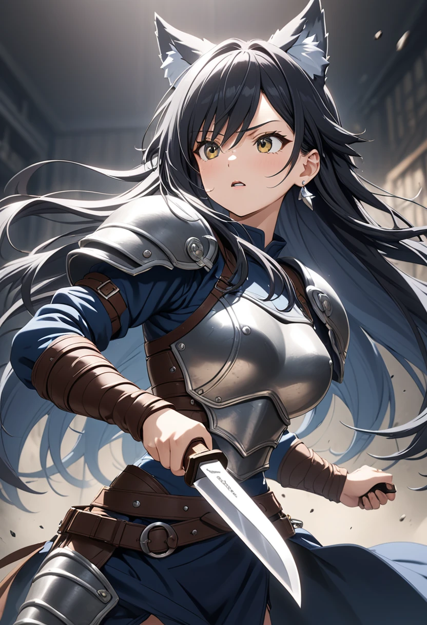 masterpiece, best quality, extremely detailed,anime, Wolf girl, black hair, long hair, black wolf ears, ((silver earrings on wolf ears)), leather armor, holding a knife, fast movement,