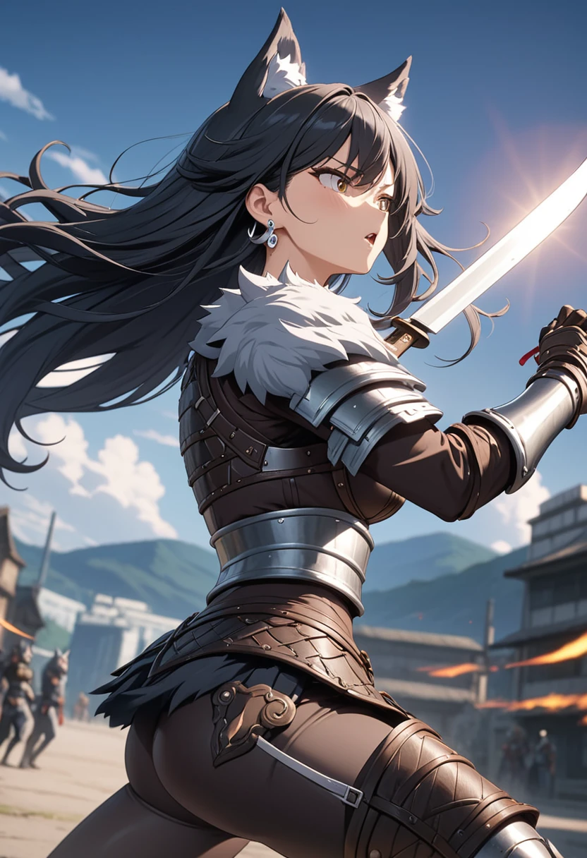 masterpiece, best quality, extremely detailed,anime, Wolf girl, black hair, long hair, black wolf ears, ((silver earrings on wolf ears)), leather armor, holding a knife, fast movement,