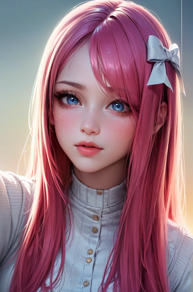 (8k, 4K, Highest quality, High resolution: 1.2), (Photorealistic: 1.4), 1 girl, alone, Beautiful Face, eyelash, nose, Glossy Lips, (Beautiful Eyes, Viewer, Fair skin, White skin: 1.5), Beautiful skin, Cowboy shot long hair, Pink Hair, bangs, hair ornaments, bow, , young,