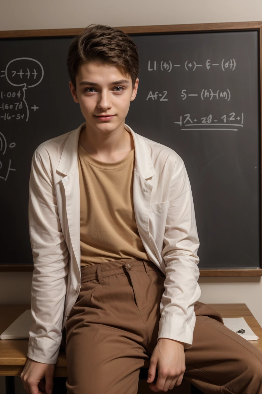 A young male twink, 22 years old, with a cute angel face with makeup and black hair, wearing a luxurious, long-sleeved, white shirt and brown medieval pants. Behind him is a blackboard with chemical equations written on it. He looks proudly as he sits at a desk with medical tools on it, and he has an innocent face.