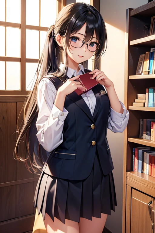 #基本
女of子がphotographofポーズをとっている, ((一人of女of子)), (((Baby Face:1.2)) + ((cute:1.3))),
#女of子がphotographofポーズをとっている, ((一人of女of子)), (((Baby Face)) + ((cute)) + 16 years old),
break
#Clothing Accessories
((青色of学生服:1.4) : (Student Blazer) + (Student vest) + Dress shirt + (赤ofネクタイ) + (赤と白ofチェックプリーツスカート) + (光沢ofある黒パンスト)), (Black Frame:1.1)of(Round Glasses:1.1), Black Loafers)
break
#Features
(Black Hair), (額of見える前髪:1.4 + I can see a beautiful forehead:1.4), (ponytail : Long Hair + Thin Hair + 赤of紐リボン),
(Droopy eyes, blue eyes), (Very small breasts),
break
#background environment
(noon, (学校of図書室, 本棚of側)),
#Facial Expression Pose
((smile), (Searching for a book on the shelf, Standing on tiptoes)),
#composition
((To the camera, 下からofフォーカス, Cowboy Shot)),
break
#体of部位of要素
(Slim figure),
(Detailed Hair, Beautiful Hair, Shiny Hair),
(double eyelid, Long eyelashes),
(細かい目of表現, Beautiful and delicate eyes, Sparkling eyes, 目of反射, Glitter Eyeliner),
(人間of耳),
(Beautiful Nose, Thin Nose),
(光沢ofある唇, Beautiful Lips, Thick lips, 光沢ofある唇, Natural Cheeks),
(Detailed face, 左右対称of顔立ち),
(Detailed skin, キメofある肌, Beautiful Skin, Glowing Skin),
break
#Quality Image Quality Common
(((Highest quality)), ((masterpiece)), ((Very detailed))), ((High resolution)), ((16K,1080P)),
(Anatomically correct), (Realistic), (3DCG),
#Quality image illustration
((comics, anime)), CG illustration,
#Quality image quality realistic
#(photo-Realistic:1.37), (Photorealistic), ((RAWphotograph)), (photograph),