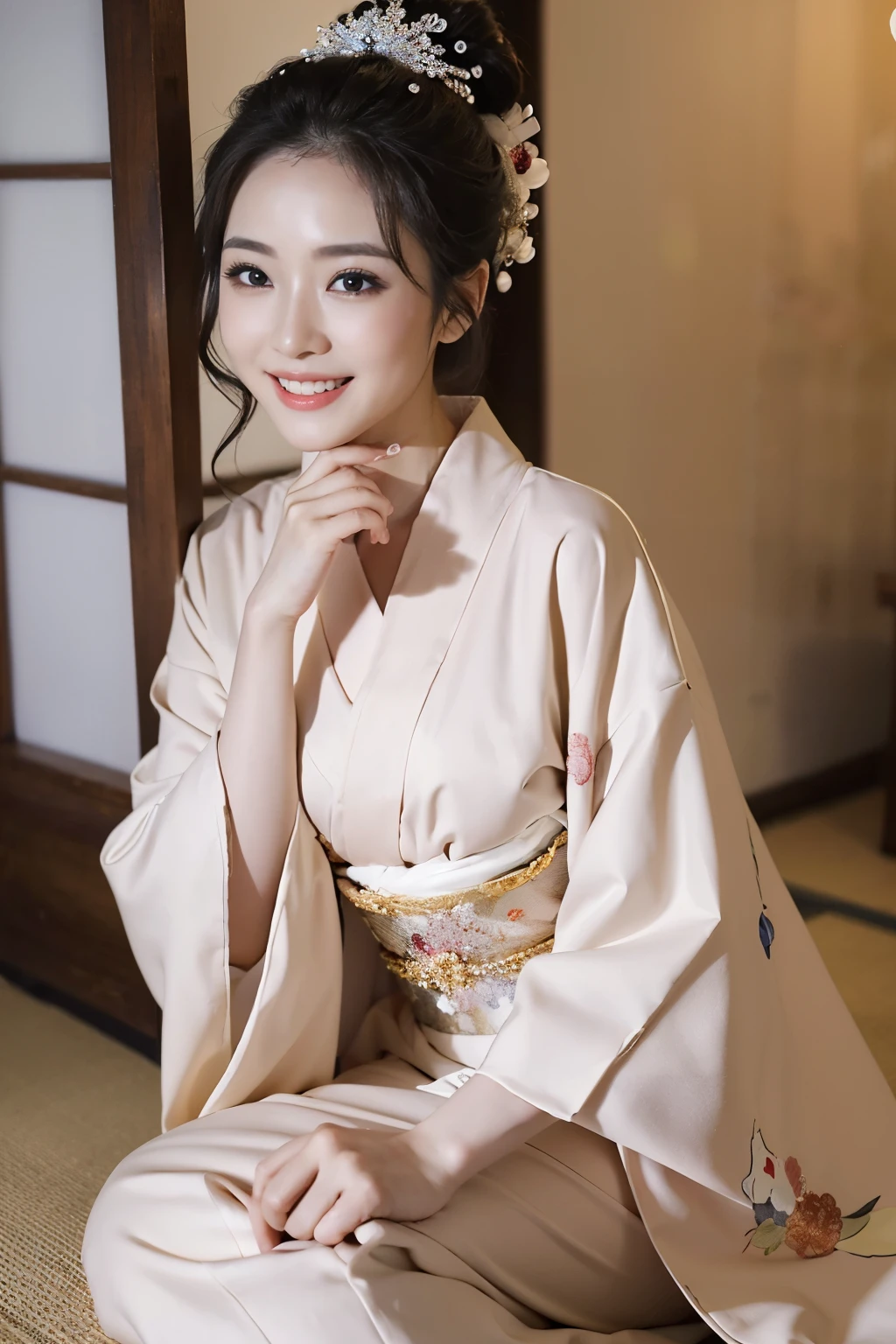 Upper class wife sitting on the floor in kimono, Elegant Japan Woman, With a captivating smile, (38 years), Japanese Goddess, (Keep your hair up and short)、Lovely lady, Graceful smile pose, Beautiful Japan woman sitting, RAW Photos, (In 8K、Highest quality、masterpiece:1.2)、(Intricate details:1.4)、Octane Rendering、Complex 3D rendering with ultra-detail, Vivid details, Super Detail, Realistic skin texture, Detailed aspect, Beautiful details in the eyes, Makeup, (Detailed Background:1.2), Shiny skin、Laughter、