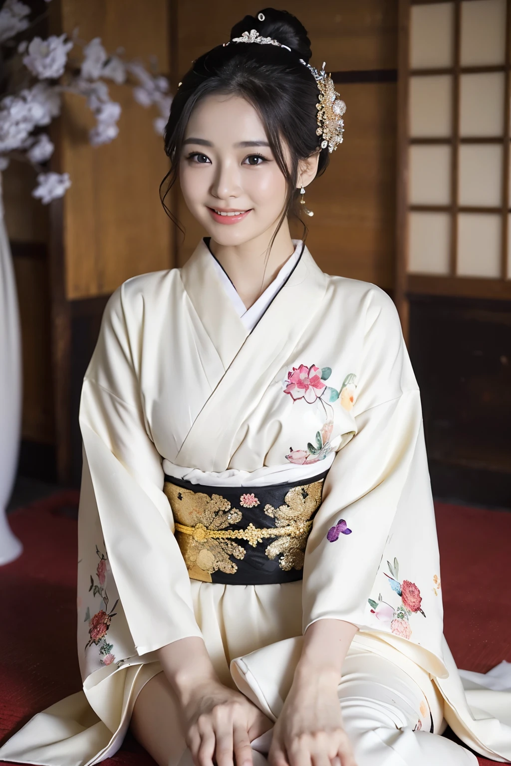 Upper class wife sitting on the floor in kimono, Elegant Japan Woman, With a captivating smile, (38 years), Japanese Goddess, (Keep your hair up and short)、Lovely lady, Graceful smile pose,  Beautiful Japan woman sitting, RAW Photos, (In 8K、Highest quality、masterpiece:1.2)、(Intricate details:1.4)、Octane Rendering、Complex 3D rendering with ultra-detail, Vivid details, Super Detail, Realistic skin texture, Detailed aspect, Beautiful details in the eyes, Makeup, (Detailed Background:1.2),　Shiny skin、Laughter、