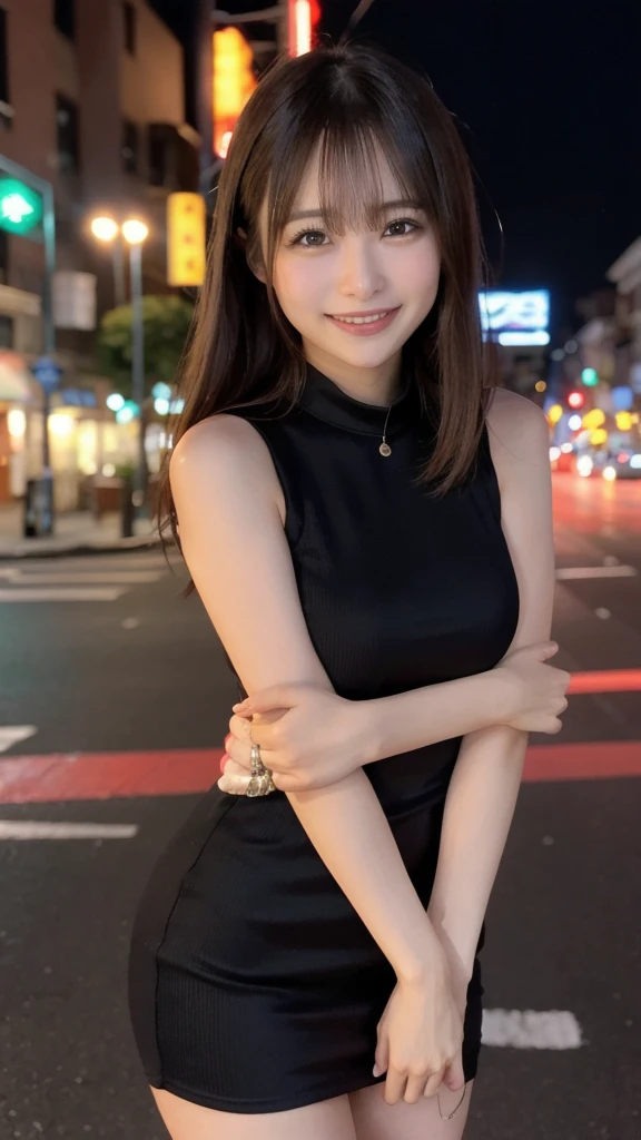 One girl, Yokohama Street,night, Cityscape,City lights, Upper Body,close, 8k, RAW Photos, Highest quality, masterpiece,Realistic, photo-Realistic,、Woman in a nightclub、Sleeveless dress、ピンクのロングドレス、スリットから太ももが見える、Laugh fearlessly、