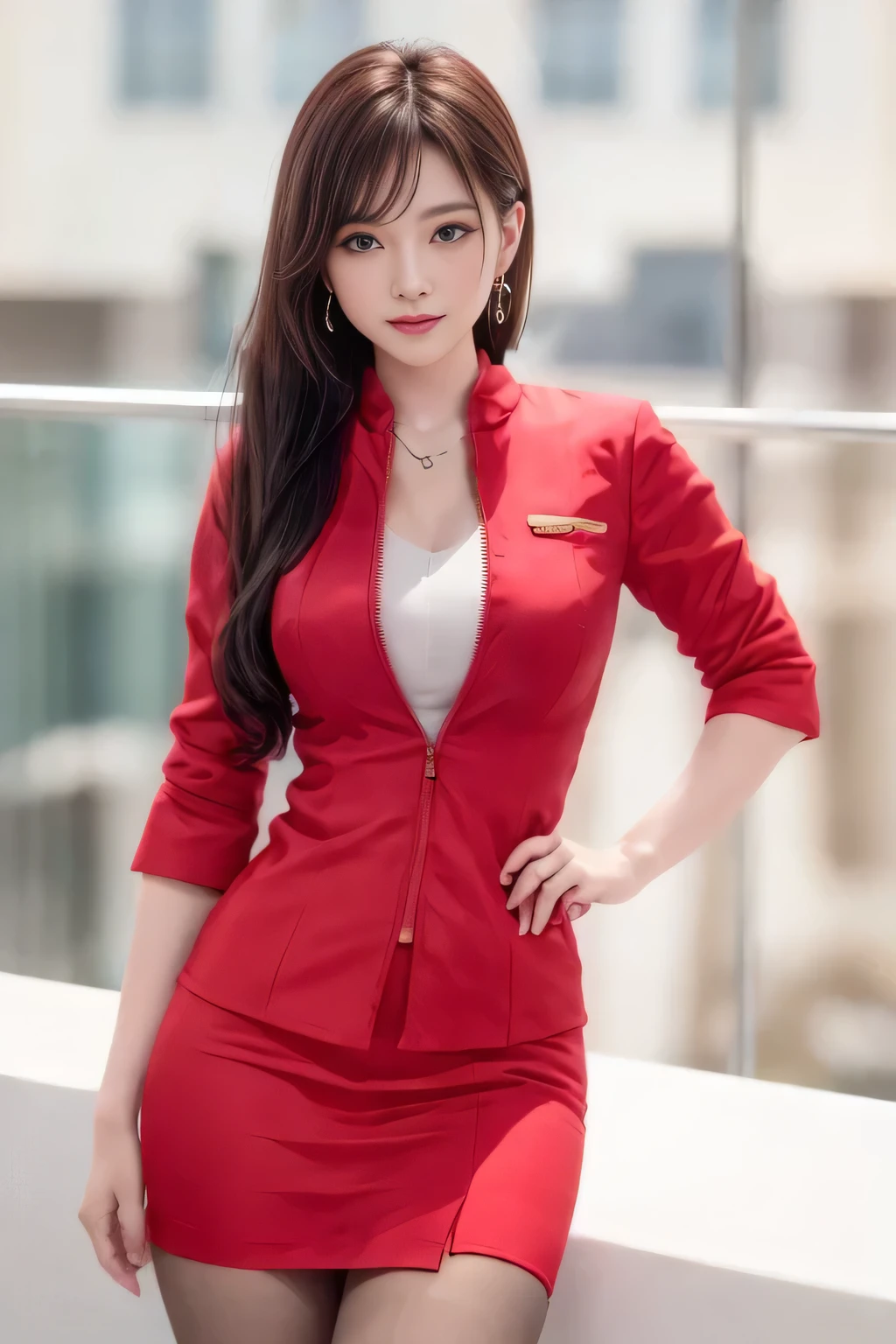 (masterpiece:1.2, Highest quality:1.2), 32k HDR, High resolution, (alone, 1 Girl), (AirAsia stewardess uniform realistic style), A proper woman, Beautiful Face, Brown Hair, (Long hair down to the legs), (Red jacket:1.1, Unzipped jacket, Unbuttoned white shirt:1.05, Red mini skirt:1.1, pantyhose),(Showing big through cleavage in unbuttoned white shirt)、(long hair that reaches down to the legs)、Perfect slim body:1.1, Huge breasts, huge breasts cleavage, Detailed skin texture, Beautiful Eyes, (Attractive look:1.2), necklace、Earrings、(forward leaning posture:1.5), On the roof of a building, Rooftop at daytime,Blue eyes、Hands should be lowered