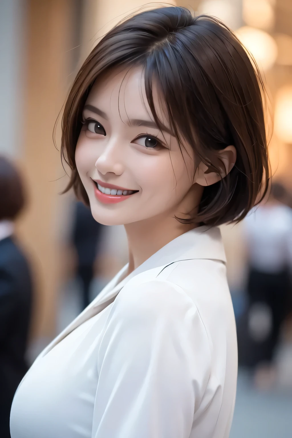 ((masterpiece)), ((Highest quality)), ((Complex)), ((Surreal)), (Realistic), (Mature Woman), ((No classes)), Very detailed, (1 female), Beautiful and exquisite, (Beautiful Teeth), Grin, Brunette Bob Hair, Brown eyes, ((blouse)), (Upper Body), (background:none), Perfect Eyes, Captivating eyes, Looking at the audience
