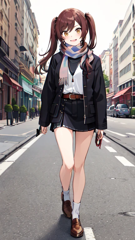 One girl, alone, Amana Osaki, Long Hair, Jacket, Open your mouth, Manicure, jewelry, smile, Twin tails, View your viewers, scarf, Long sleeve, belt, Brown Hair, bangs, Brown eyes, necklace, shirt, black shirt, swept bangs, :is, upper boisy, Open clothes, Yellow Eyes, Amana Osaki,  (Walking around town:1.5),(outisoor:1.5),(On the street:1.5),cafeteria, Florist, Shoemaker, Florist, tailoreis Jacket,upper boisy,