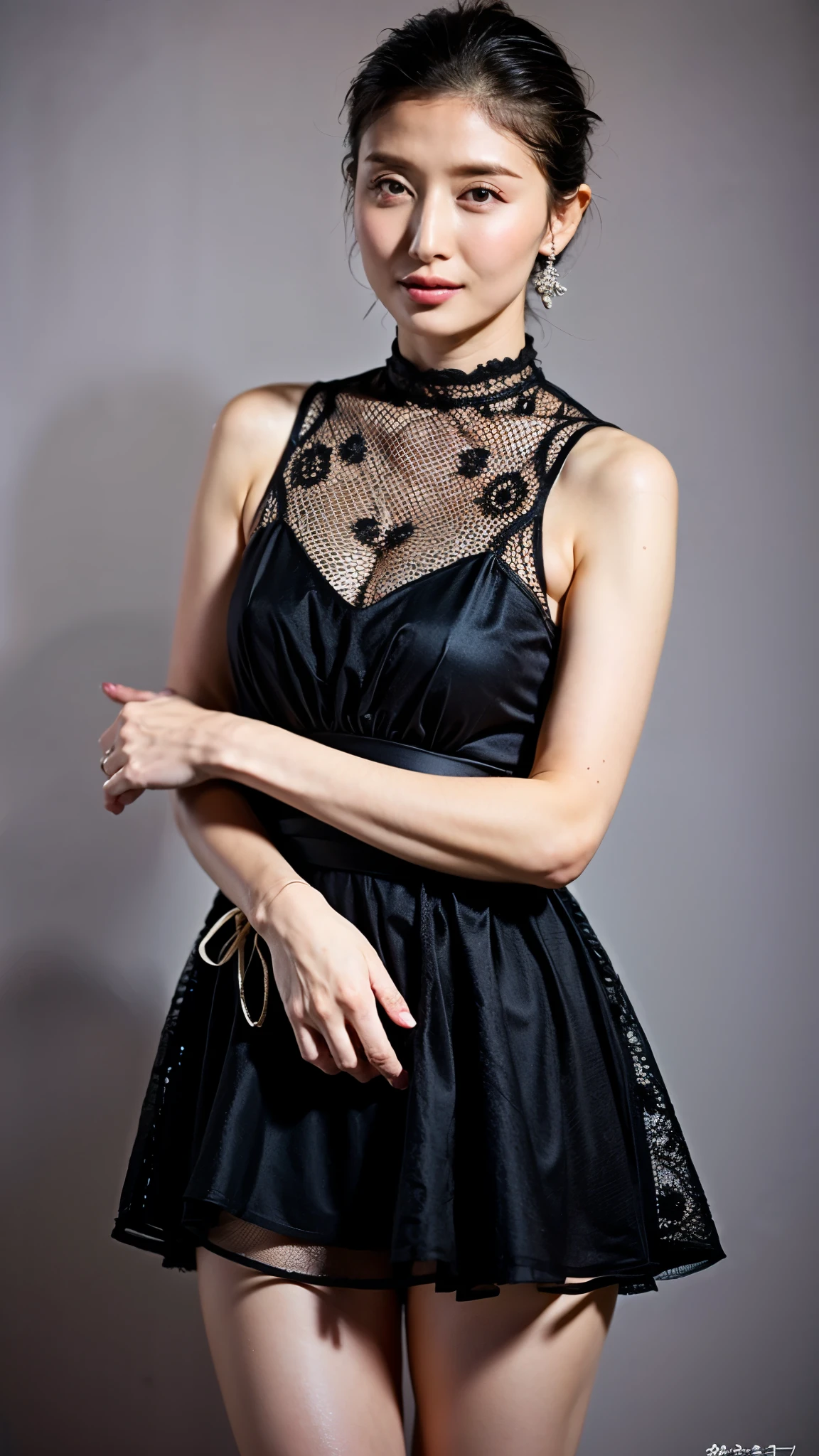 Highest quality,masterpiece,Ultra-high resolution,(Actual:1.4),Original photo,Ultra-high resolution,8k,There are also women,Fair skin、Sheer black lace mini dress,High heels,Long legs:1.5,Bright and beautiful,high waist,Flashy makeup using red eyeshadow,Gray background,