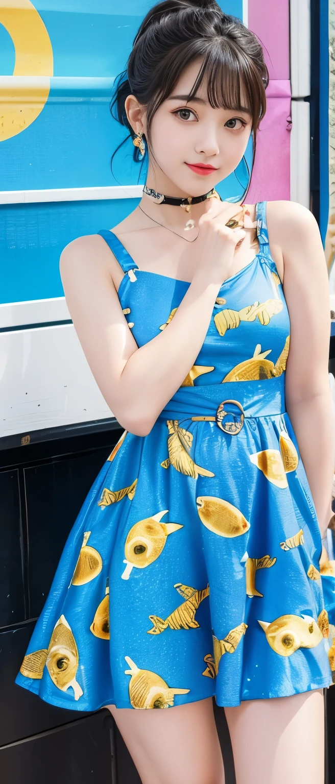 Cute and cool punk idol girl、whole body、Good style、、、、、、、、、、Thick legs、、Blue and gold summer dress(Fish Print)、Neat and clean idol face、summer night(Glowing)、