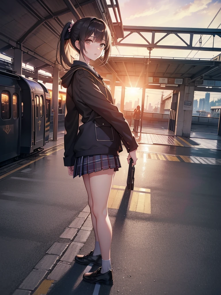 masutepiece, Best Quality, High resolution, Extremely detailed, Detailed background, Cinematic lighting, 1girl in, Looking at Viewer, midium skirt, Pleated skirt, Standing, Full body,  Sunlight, Waiting train, train station, Stand on the platform , City Girl,ponytail