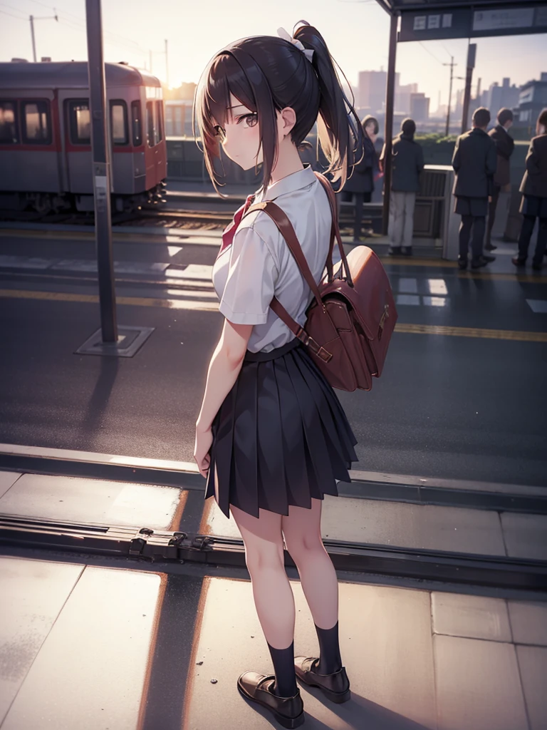 masutepiece, Best Quality, High resolution, Extremely detailed, Detailed background, Cinematic lighting, 1girl in, Looking at Viewer, midium skirt, Pleated skirt, Standing, Full body, Sunlight, Waiting train, train station, Stand on the platform , City Girl,ponytail