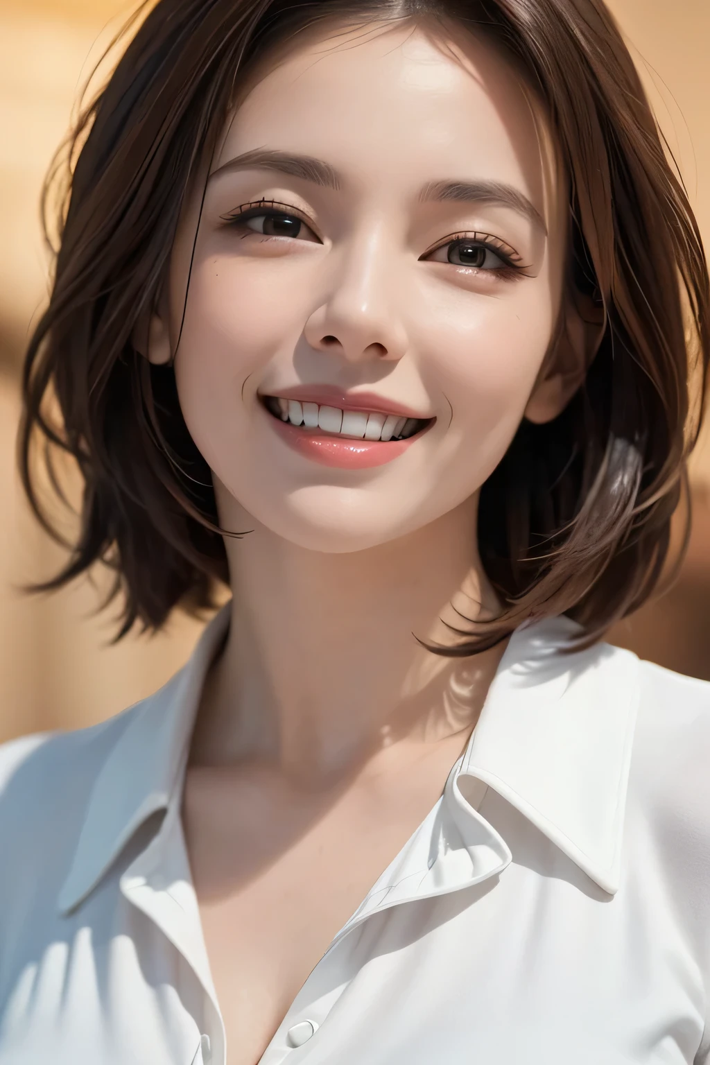 ((masterpiece)), ((Highest quality)), ((Complex)), ((Surreal)), (Realistic), (Mature Woman), ((No classes)), Very detailed, (1 female), Beautiful and exquisite, (Beautiful Teeth), Grin, Brunette Bob Hair, Brown eyes, ((blouse)), (Upper Body), (background:none), Perfect Eyes, Captivating eyes, Looking at the audience