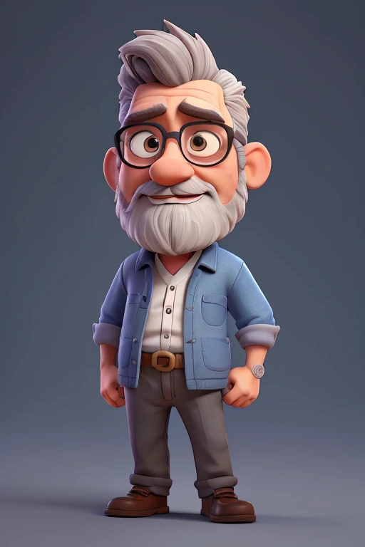 Cartoon character of a man with a gray beard, of black glasses, eyes browns, gray hair and beard, and blue shirt, animation character, stylized character, animation style rendering, 3d stylized, Arnold Maya rendering, Stylized 3D rendering, toon render screenshot, 3d character, 3d character, Stylized 3D rendering, 3D character rendering, cartoon character, Personagem de close up, character posing, (Pixar-style) (master part:1.2) (bokeh) (best qualityer) (skin detailed) (detailed texture) (8k) (Argilla) (cinematic lighting) (sharp focus
