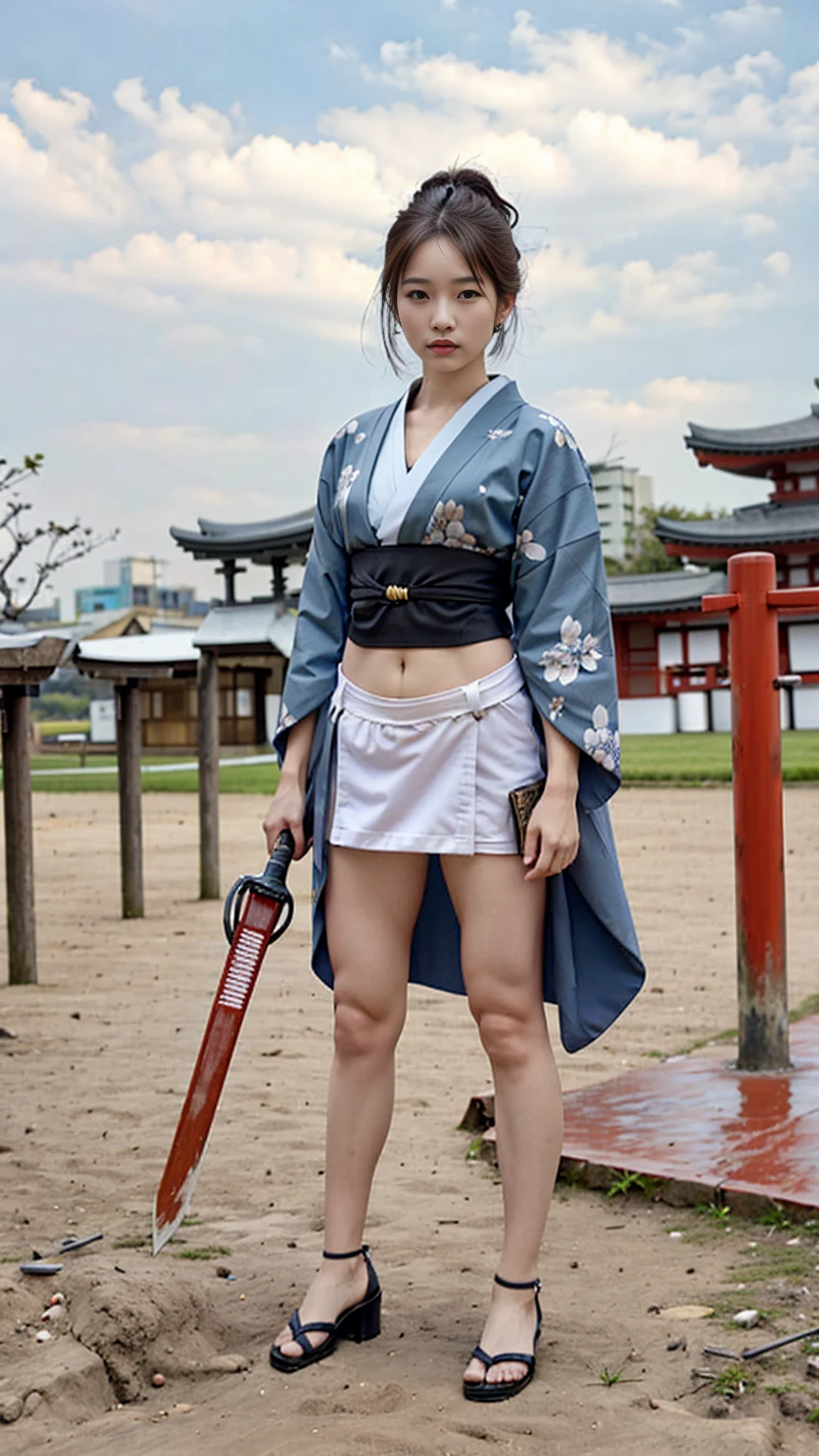 Beautiful Thai-Melanesian woman, (16 years old), pretty face, red lips,
BREAK,
Athletic feminine body, Female fitness model body, Hard toned feminine body, (muscles: 1.2), (beautiful belly button),
BREAK,
Mixed martial arts, exceptional kung fu fighter, Japanese idol,
BREAK,
(wearing revealing kimono: 1.3), Red high heels, necklace, earrings, short length,
BREAK,
Short hair, (bob cut), (bangs: 1.2), (coloring),
BREAK,
(holding very large weapon, wearing very large weapon, standing with very large weapon, raising very large weapon: 1.4),(kung fu fighter in fighting position),
BREAK,
(tattoos all over body, 80% of body covered in Japanese tattoos: 1.4),
BREAK,
masterpiece, perfect lighting, ultra high resolution, 8K, (highly detailed: 1.4), From the front, looking at the camera, melancholic expression,
BREAK,
(Tokyo city, many people in the background), Tokyo's famous places in the background,