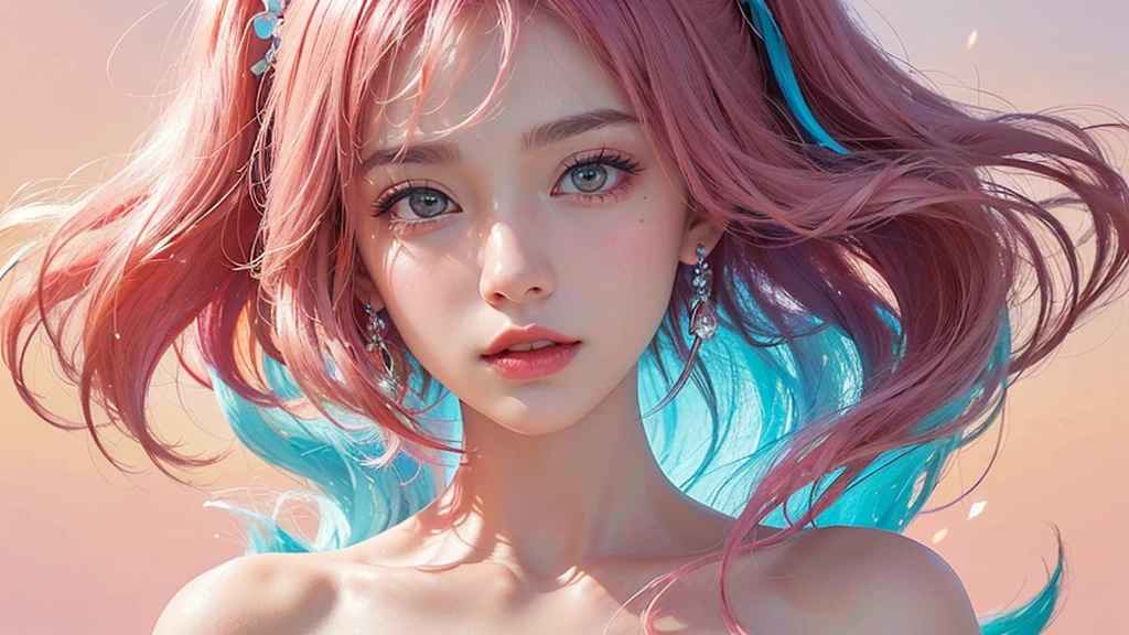 One girl, alone, flower畑, flower, (Official Art, unity 8k wallpaper, Super detailed, beautifully、aesthetic, masterpiece ,Highest quality:1.3), (Dynamic Angle:1.2), (Floating colorful sparkles:1) , elegant, Vibrant colors, Highly detailed face, Detailed eyes, Glowing Skin, Glossy Lips , Pale pink and pale orange background, Pink Hair,