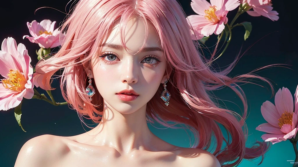 One girl, alone, flower畑, flower, (Official Art, unity 8k wallpaper, Super detailed, beautifully、aesthetic, masterpiece ,Highest quality:1.3), (Dynamic Angle:1.2), (Floating colorful sparkles:1) , elegant, Vibrant colors, Highly detailed face, Detailed eyes, Glowing Skin, Glossy Lips , Pale pink and pale orange background, Pink Hair,