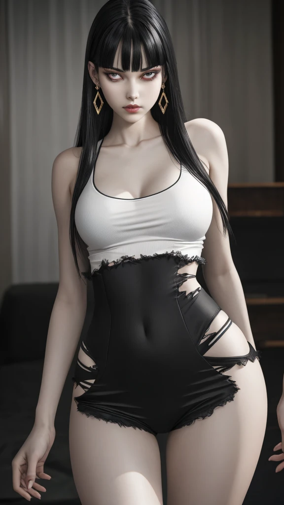 Ultra realistic, real girl, 16K, best quality, High resolution, hot atmosphere, dream atmosphere, 1 girl, tall, 18 years old, Long messy black hair, cute bangs over the forehead, evil eyes, sexy eyes look, skin being illuminated, realistic shading, pale-white skin, light-grey skin, Realistic textures, wearing alternative black outfit, earrings, fit slim tall body, big natural breasts, realistic slim hot body, tall and hot girl, seductive, sensual posture, big hips, thick legs, torn clothes, multiple sexy positions in different types of angles, blurred background, Depth, dream aesthetic, Atmosphere of dream, cinematic lighting. 