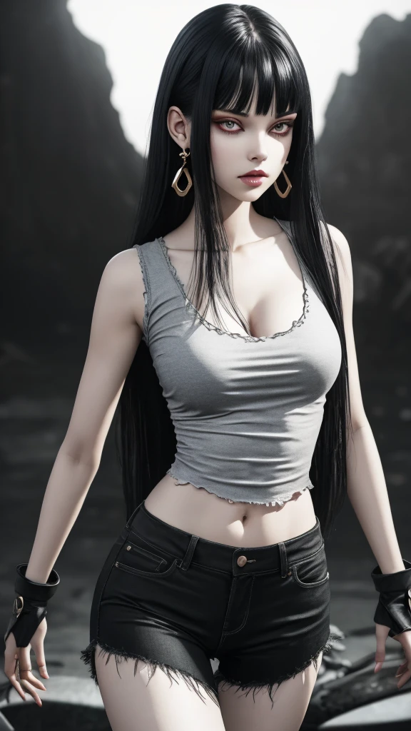 Ultra realistic, real girl, 16K, best quality, High resolution, hot atmosphere, dream atmosphere, 1 girl, tall, 18 years old, Long messy black hair, cute bangs over the forehead, evil eyes, sexy eyes look, skin being illuminated, realistic shading, pale-white skin, light-grey skin, Realistic textures, wearing alternative black outfit, earrings, fit slim tall body, big natural breasts, realistic slim hot body, tall and hot girl, seductive, sensual posture, big hips, thick legs, torn clothes, multiple sexy positions in different types of angles, blurred background, Depth, dream aesthetic, Atmosphere of dream, cinematic lighting. 