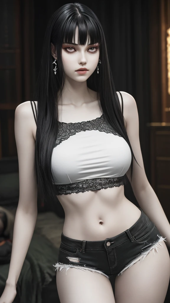 Ultra realistic, real girl, 16K, best quality, High resolution, hot atmosphere, dream atmosphere, 1 girl, tall, 18 years old, Long messy black hair, cute bangs over the forehead, evil eyes, sexy eyes look, skin being illuminated, realistic shading, pale-white skin, light-grey skin, Realistic textures, wearing alternative black outfit, earrings, fit slim tall body, big natural breasts, realistic slim hot body, tall and hot girl, seductive, sensual posture, big hips, thick legs, torn clothes, multiple sexy positions in different types of angles, blurred background, Depth, dream aesthetic, Atmosphere of dream, cinematic lighting. 