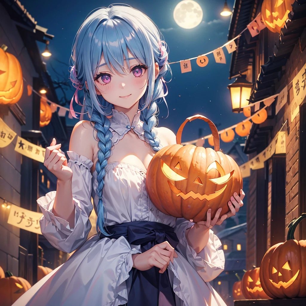 (Light blue medium hair),(Braided hair tied together)、Pink eyes、Fair skin、cowboy shot、Halloween、The background is a pumpkin ghost、Crescent Moon、Trick or Treat、A lot of sweets、witch、Halloween night party、Candy、Cosplay、A surprising smile、solo、(masterpiece、Highest quality、Very detailed、Best Shadow)、(Detailed Background)、(Beautifully detailed face)、High contrast、(Best lighting、Very delicate and beautiful)、(Cinematic Light)、colorful、Hyper Detail、Dramatic Light、Exquisite detail、