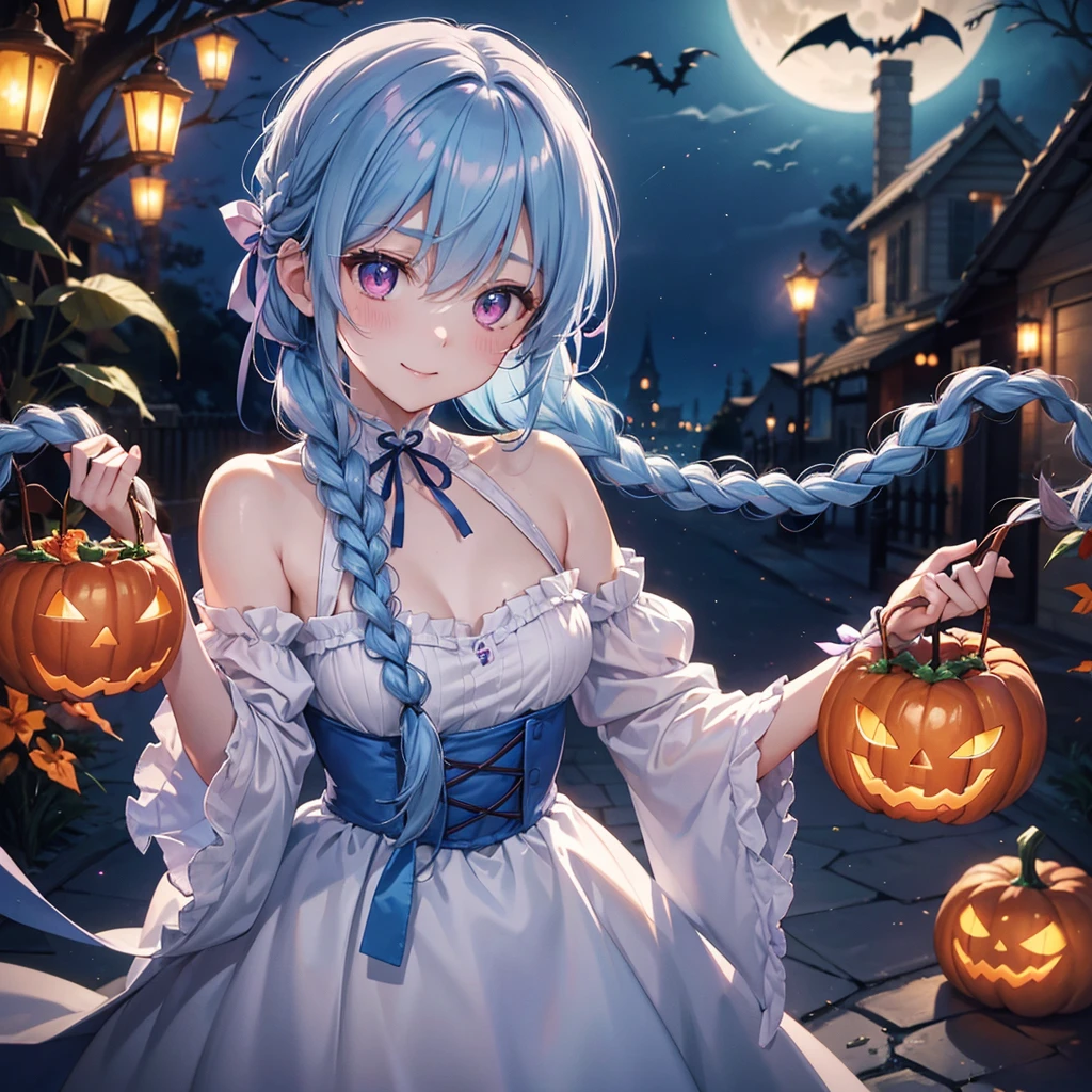 (Light blue medium hair),(Braided hair tied together)、Pink eyes、Fair skin、cowboy shot、Halloween、The background is a pumpkin ghost、Crescent Moon、Trick or Treat、A lot of sweets、witch、Halloween night 、Candy、Cosplay、A surprising smile、solo、(masterpiece、Highest quality、Very detailed、Best Shadow)、(Detailed Background)、(Beautifully detailed face)、High contrast、(Best lighting、Very delicate and beautiful)、(Cinematic Light)、colorful、Hyper Detail、Dramatic Light、Exquisite detail、