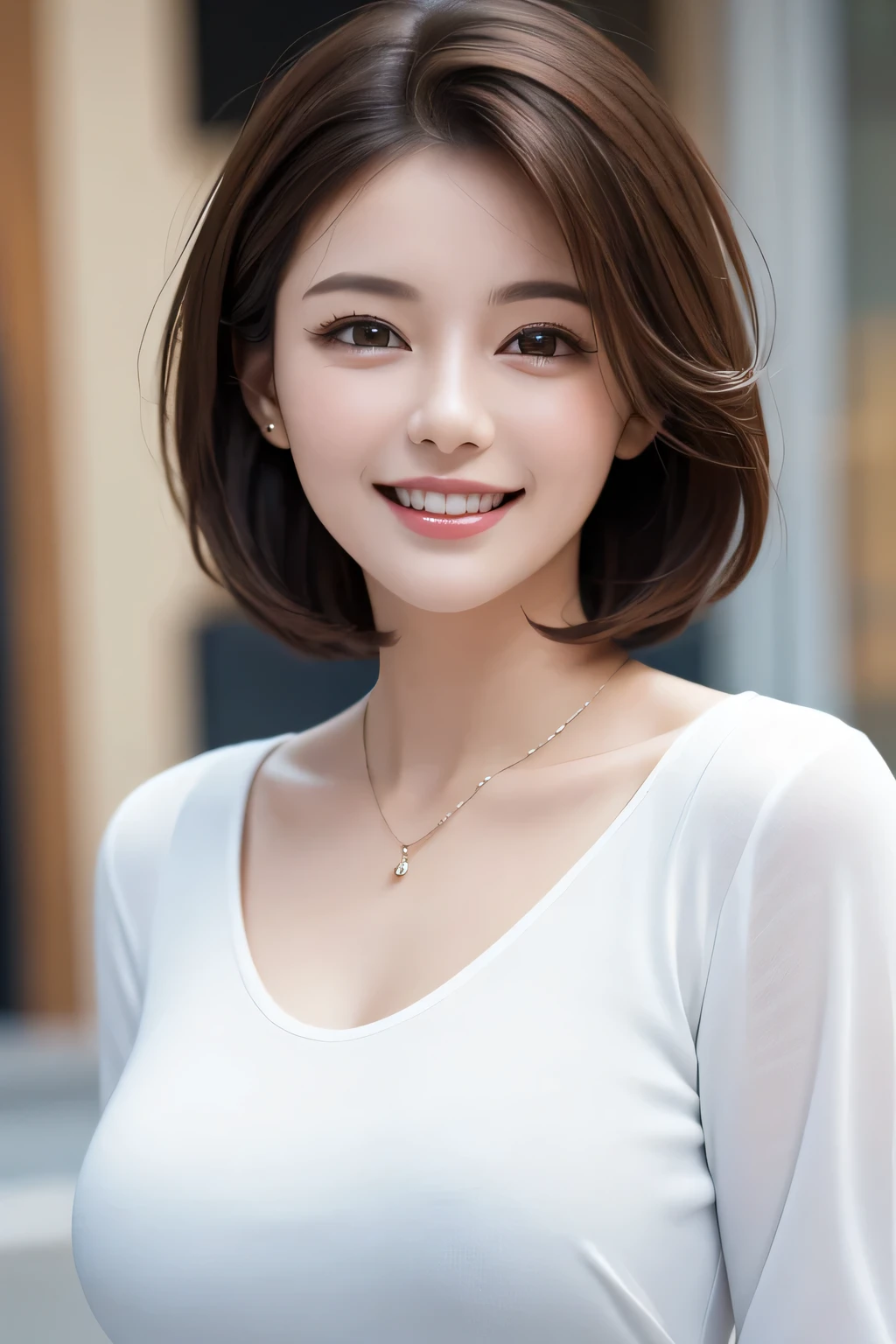 ((masterpiece)), ((Highest quality)), ((Complex)), ((Surreal)), (Realistic), (Mature Woman), ((No classes)), Very detailed, (1 female), Beautiful and exquisite, (Beautiful Teeth), Grin, Brunette Bob Hair, Brown eyes, ((blouse)), (Upper Body), (background:none), Perfect Eyes, Captivating eyes, Looking at the audience