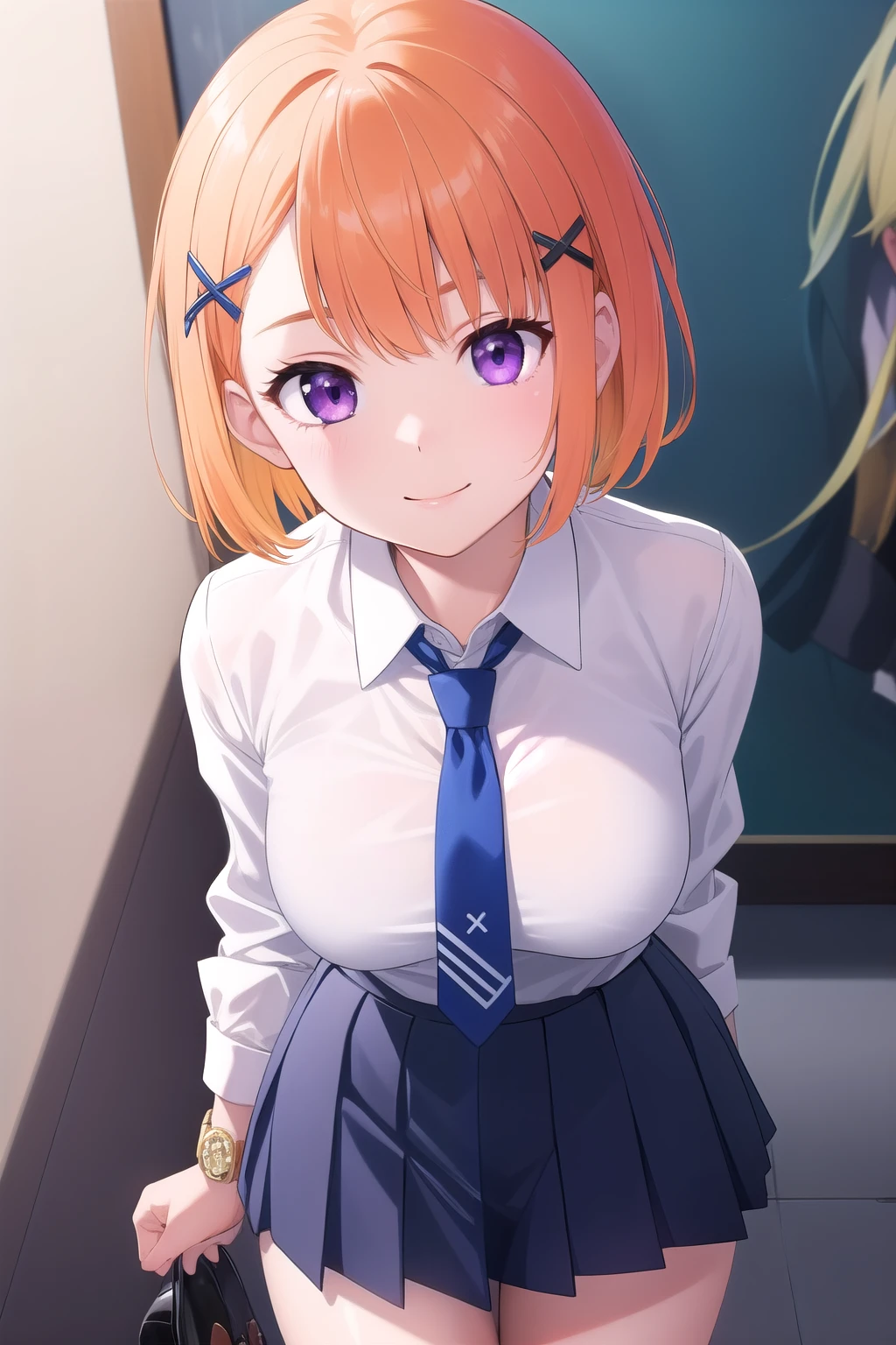 ((masterpiece)),(Highest quality),Official Art,Highly detailed CG,unity 8k wallpaper,Super detailed,Beautiful attention to detail,Highly detailed face,One girl,alone, (Portraiture:1.5),View your viewers,In-person audience,smile,yurikawa hana,short hair,Orange Hair,x Hair accessories,Asymmetrical bangs,Purple eyes,,Sleeves are longer than the wrist,Collared shirt,White shirt,Long sleeve,Rolled up my sleeves,Blue tie,Large Breasts,mini skirt,Blue Skirt,Pleated skirt,Black socks,loafers, cowboy shot, standing